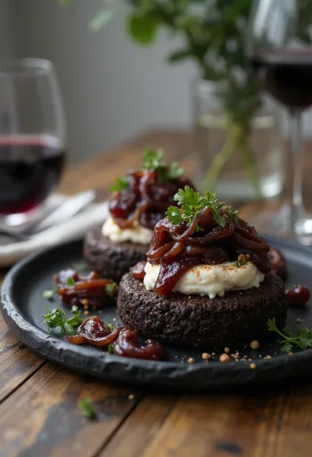 Black pudding kecskesajttal és karamellizált hagymával, tálalva friss petrezselyemmel