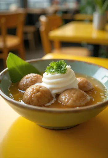 Bubur Candil, rizsgolyókkal és kókusztejjel tálalva