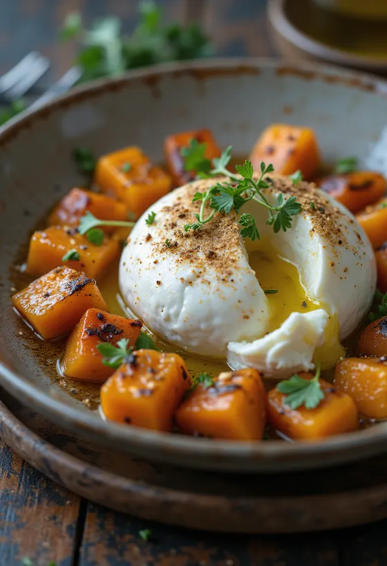 Burrata sült édesburgonyával, friss petrezselyemmel tálalva