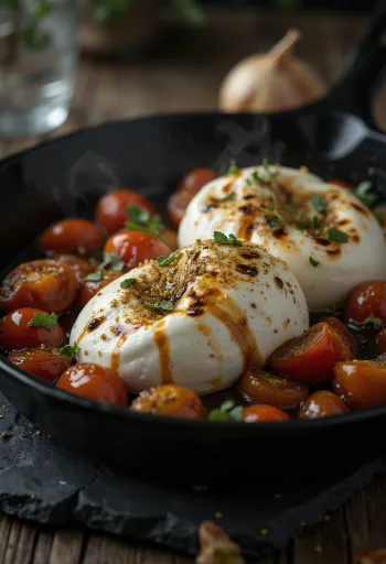 Burrata sült paradicsommal, friss salátával és balzsamecettel tálalva.