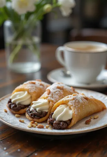 Cannoli mascarpone krémmel, finom csokoládéval és mogyoróval díszítve, elegánsan tálalva