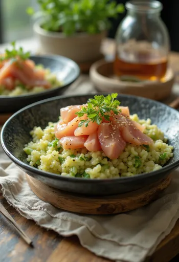 Chirashi tál zöld algával és friss zöldségekkel tálalva