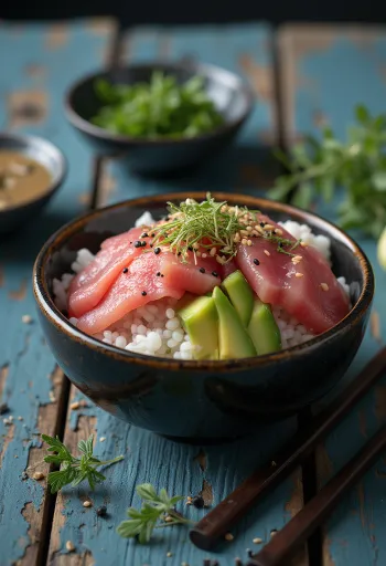 Chirashizushi tonhallal, avokádóval és friss korianderrel