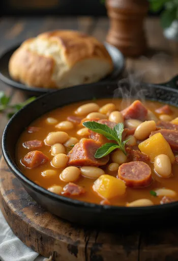 Fabada con fabes de la Granja, gazdag bab leves chorizóval és serrano sonkával