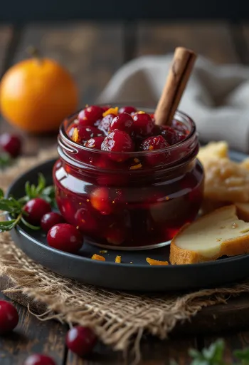 Fahéjas narancsos áfonya chutney üvegben, sajtok és sült húsok mellé tálalva