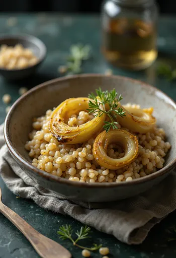 Farro saláta sült póréhagymával és mustáros öntettel tálalva