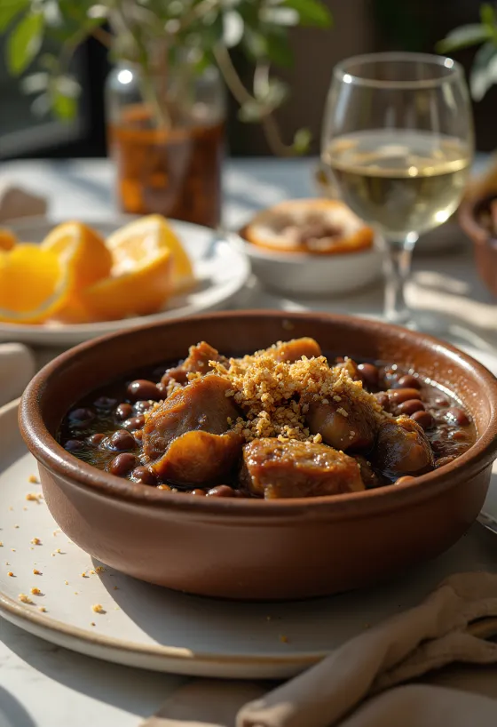 Feijoada tálalva fekete babbal és füstölt hússal