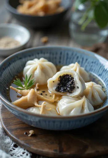 Fekete szezámmagos tangyuan édes gombócokkal, sziruppal tálalva