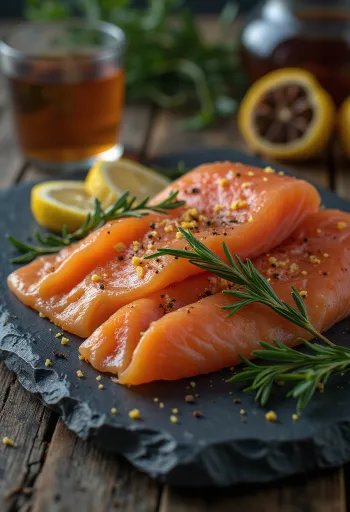 Gravlax fekete teával tálalva, friss kaporral és citrommal