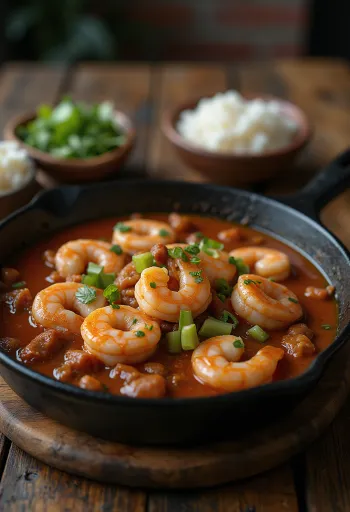 Gumbo rákokkal tálalva, sűrű szószban, kolbásszal és főtt rizzsel