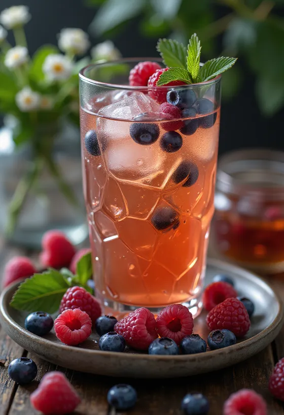 Gyümölcsös cider jéggel és friss bogyós gyümölcsökkel