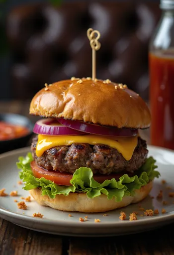Hamburger grillezett húspogácsával, salátával, sajttal és paradicsommal tálalva