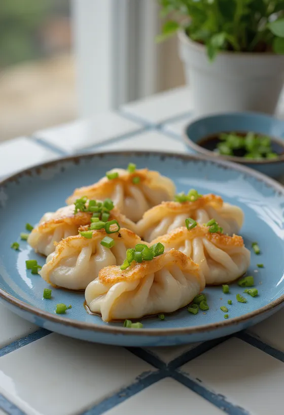 Japán rákos gyoza ropogós aljú tésztában, garnélás töltelékkel, szójaszószos mártogatóval tálalva