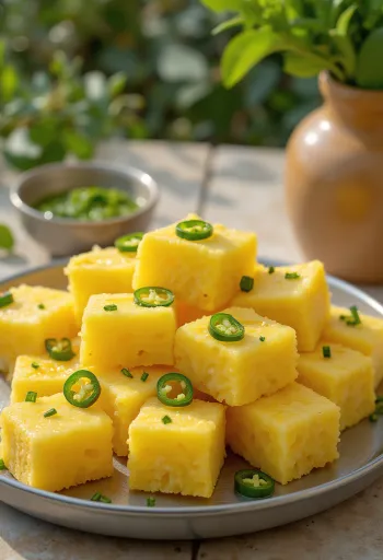 Khaman rice dhokla, indiai gőzölt étel friss korianderrel tálalva