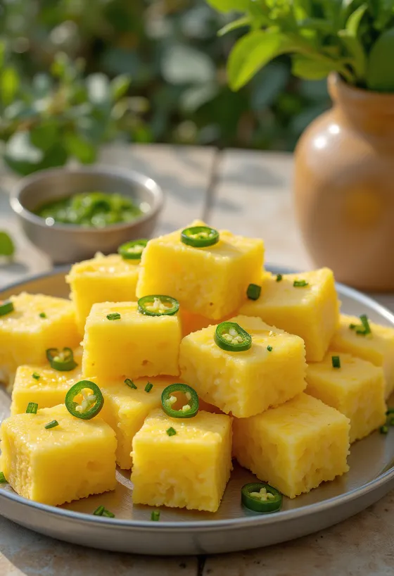 Khaman rice dhokla, indiai gőzölt étel friss korianderrel tálalva
