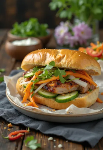 Klasszikus Bánh Mì tálalva, gazdag ízvilágú friss zöldségekkel és marhahússal.