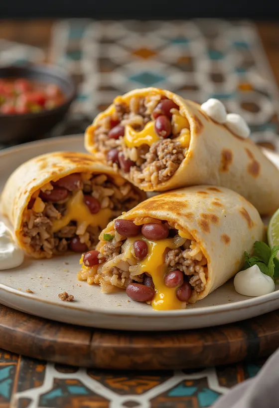 Klasszikus burrito marhahússal, rizzsel, babbal és sajttal töltve