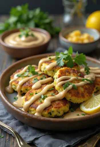 Kolokithokeftedes tahini szósszal tálalva, aranybarnára sült golyók tányéron