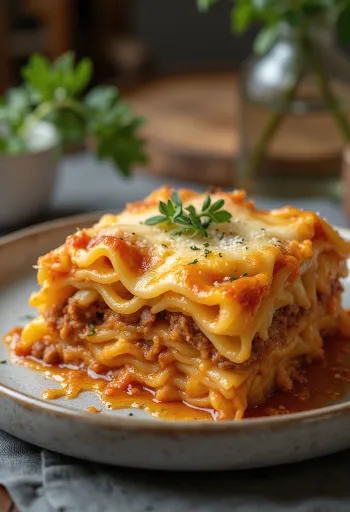 Klasszikus lasagna tálalva friss bazsalikommal