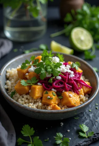 Lime-os quinoa Buddha-tál céklás curry tofuval tálalva