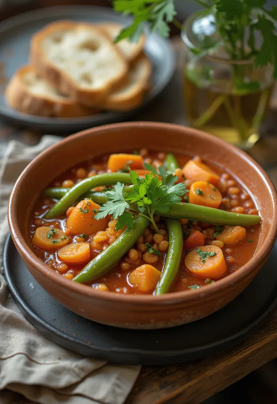 Menestra vegán változata, gazdag zöldségekkel, korianderrel tálalva