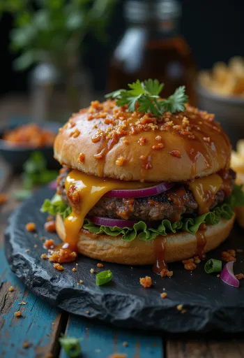 Mézes-chilis burger tálalva