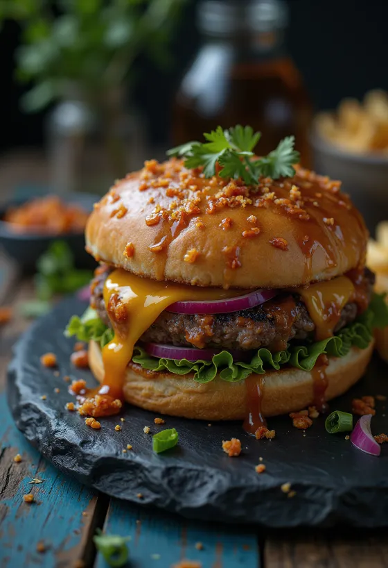 Mézes-chilis burger tálalva