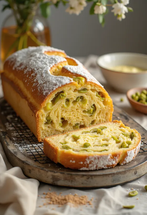 Mézes-pisztáciás Stollen szeletelve, porcukorral megszórva
