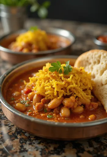 Misal pav Jain módra tálalva friss korianderrel és zsemlével