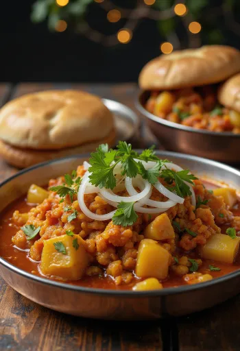Misal Pav Nagpuri változatban, egy tálban gazdag mung dal és burgonya szósz, ropogós zsemlével tálalva
