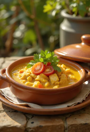 Moqueca klasszikus, hal, kókusztej és zöldségekkel tálalva