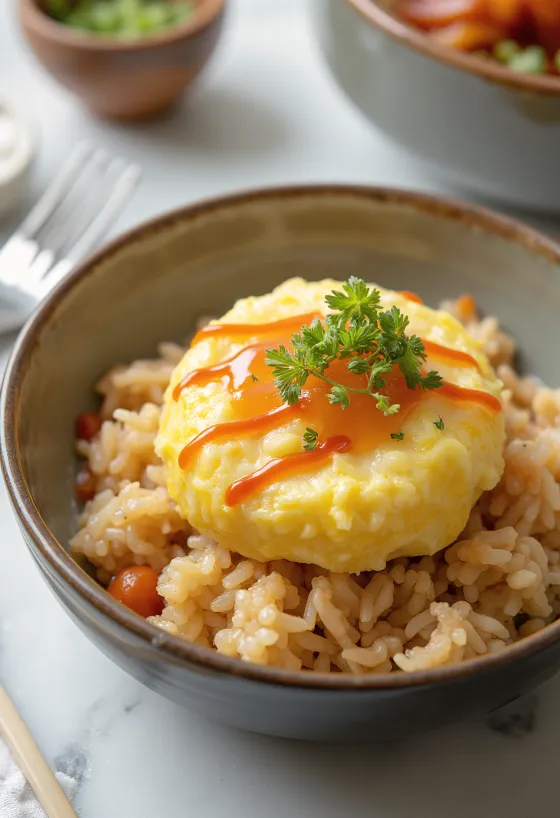 Omurice Don, japán omlettes rizs étel tálalva