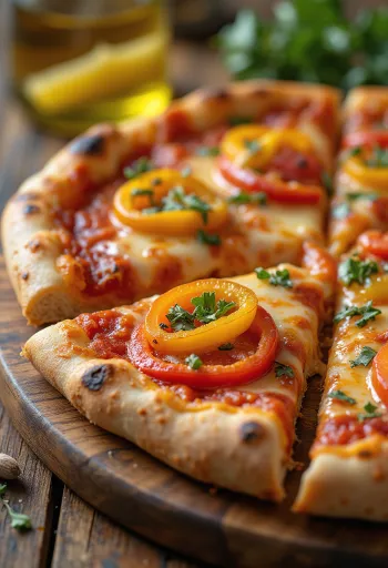 Pizza ai Peperoni színes paprikákkal és mozzarellával