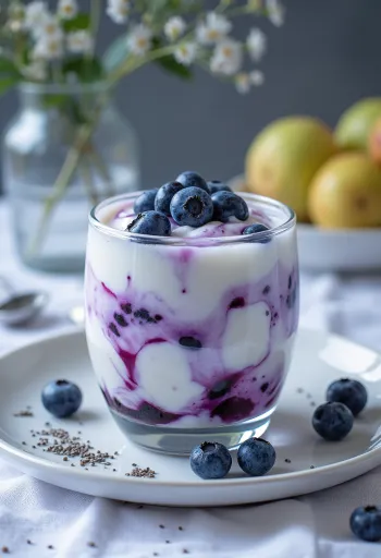 Áfonyás probiotikus joghurt poharakban tálalva, friss áfonyával díszítve