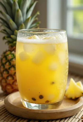 Probiotikus ananász kombucha frissítő ital pohárban jéggel tálalva