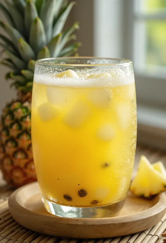 Probiotikus ananász kombucha frissítő ital pohárban jéggel tálalva