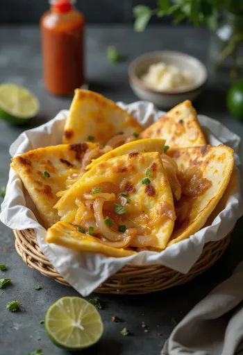 Hagymás quesadilla aranybarnára sütve, karamellizált töltelékkel és olvadt sajttal