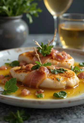 Saltimbocca citromos vajmártással, gazdag ízű borjúhús szelet, prosciuttóval és zsályával