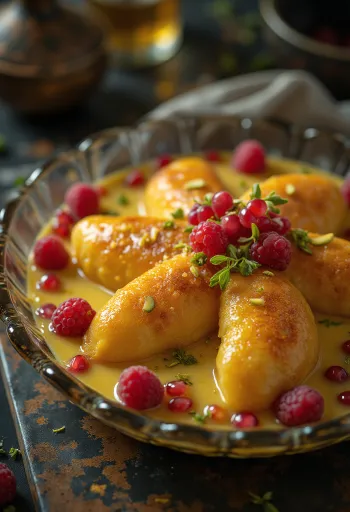 Shahi tukda gyümölcsökkel tálalva, pirított kenyér szeletekkel és friss gyümölcsökkel díszítve