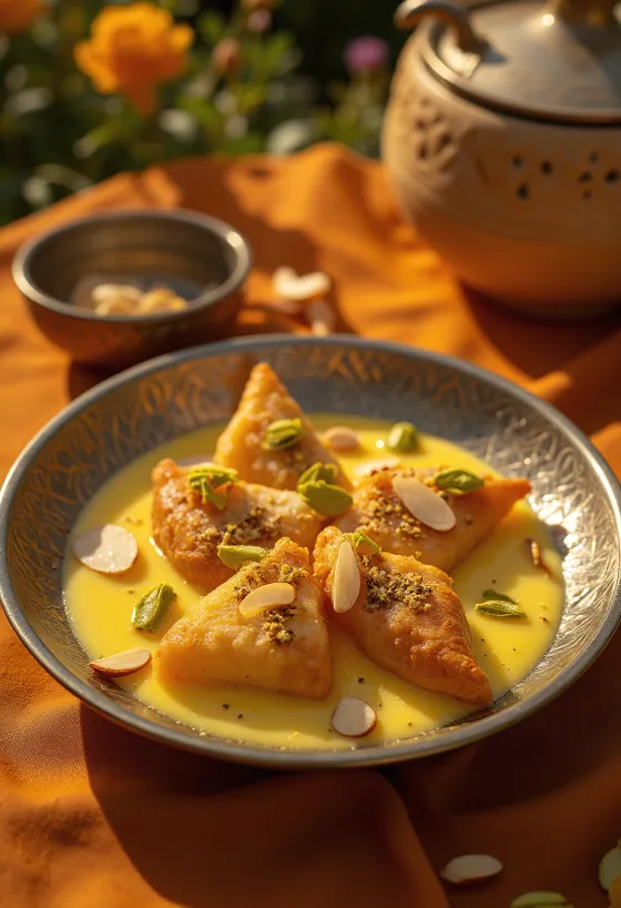 Shahi Tukda rabri-vel, díszítve mandulával és pisztáciával