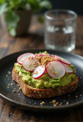 Smørrebrød avokádóval és retekkel, frissen pirított rozskenyérrel tálalva