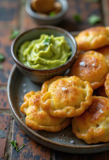 Sopaipilla új-mexikói avokádóval, tálalva egy friss avokádó krémmel és ropogós tésztával