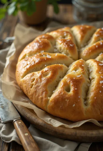 Sűrű, rusztikus élesztős focaccia tálalva