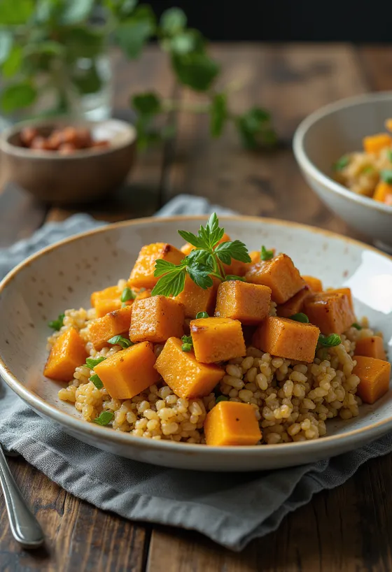 Sütőtök quinoa wok currys lime tahinivel és tofuval tálalva