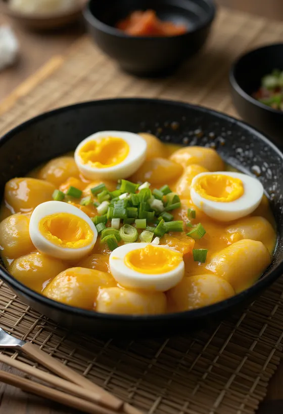 Tteokbokki currys szósszal, koreai rizsgombóc fűszeres currys szósszal, tojással és kimchivel