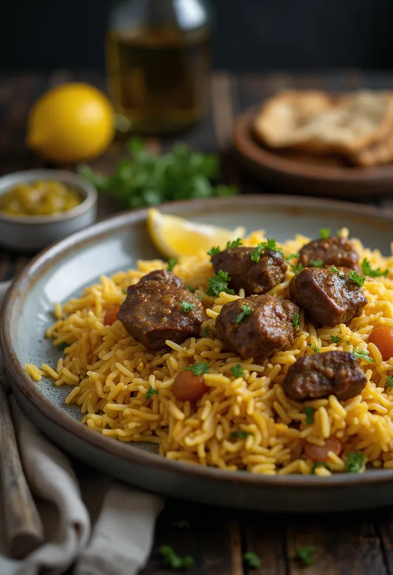 Biryani bárányhússal gazdag, fűszeres csirkehússal és basmati rizzsel, friss korianderrel és mentával díszítve.