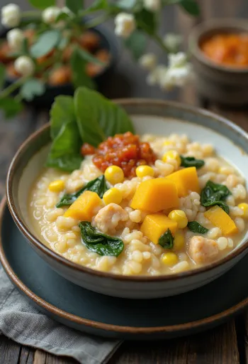 Bubur Manado zöldséges rizskása kókusztejjel, friss fűszerekkel