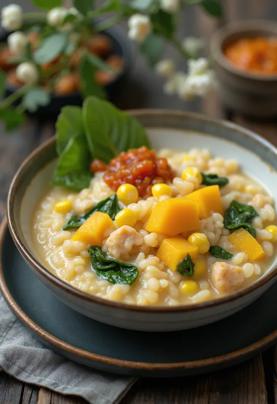 Bubur Manado zöldséges rizskása kókusztejjel, friss fűszerekkel