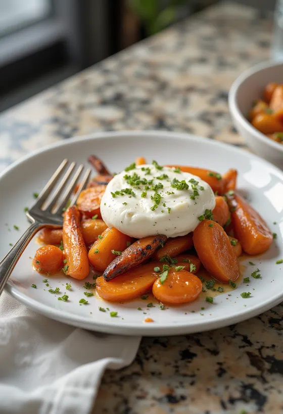 Burrata sült sárgarépával, friss salátával és balzsamecettel tálalva.