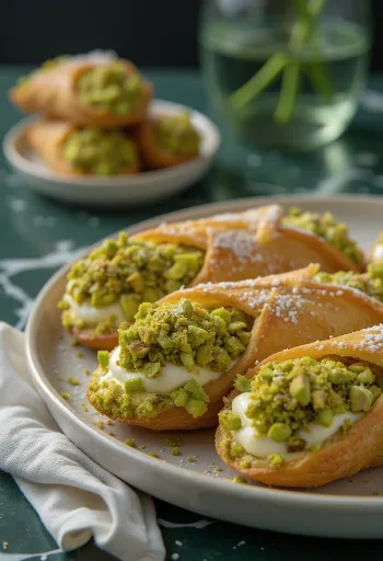 Cannoli pisztáciás töltelékkel, csokoládéval és pisztáciadarabokkal díszítve